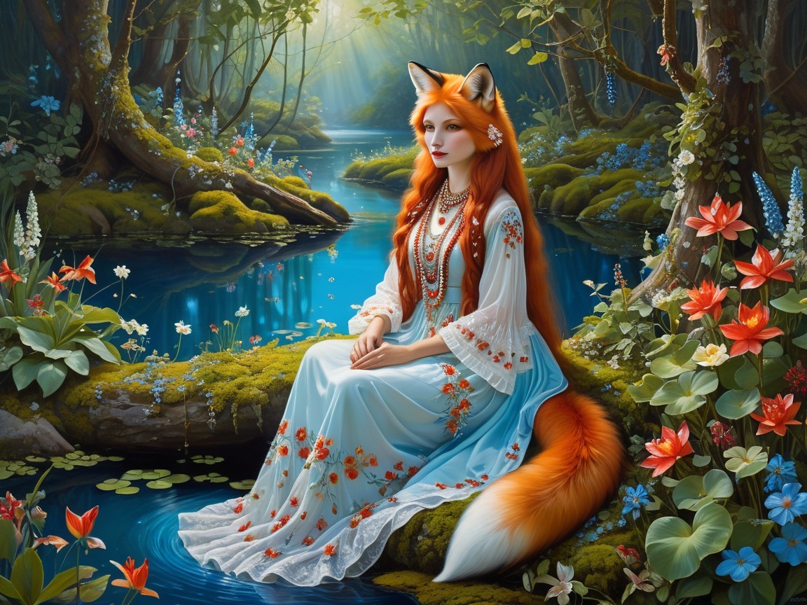 Mystical Figure by a Flower-Lined Woodland Stream