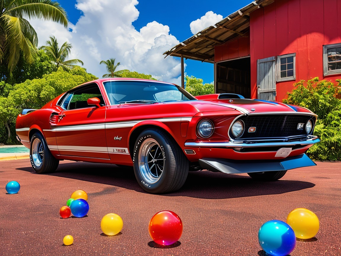 1969 Ford Mustang GT Under Blue Sky with Barn