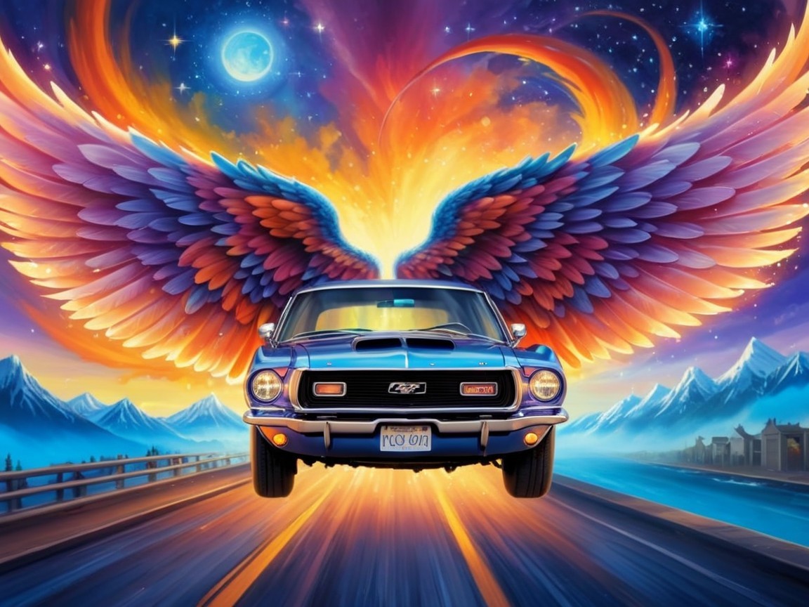 Surreal Scene of a Car with Colorful Wings in Space