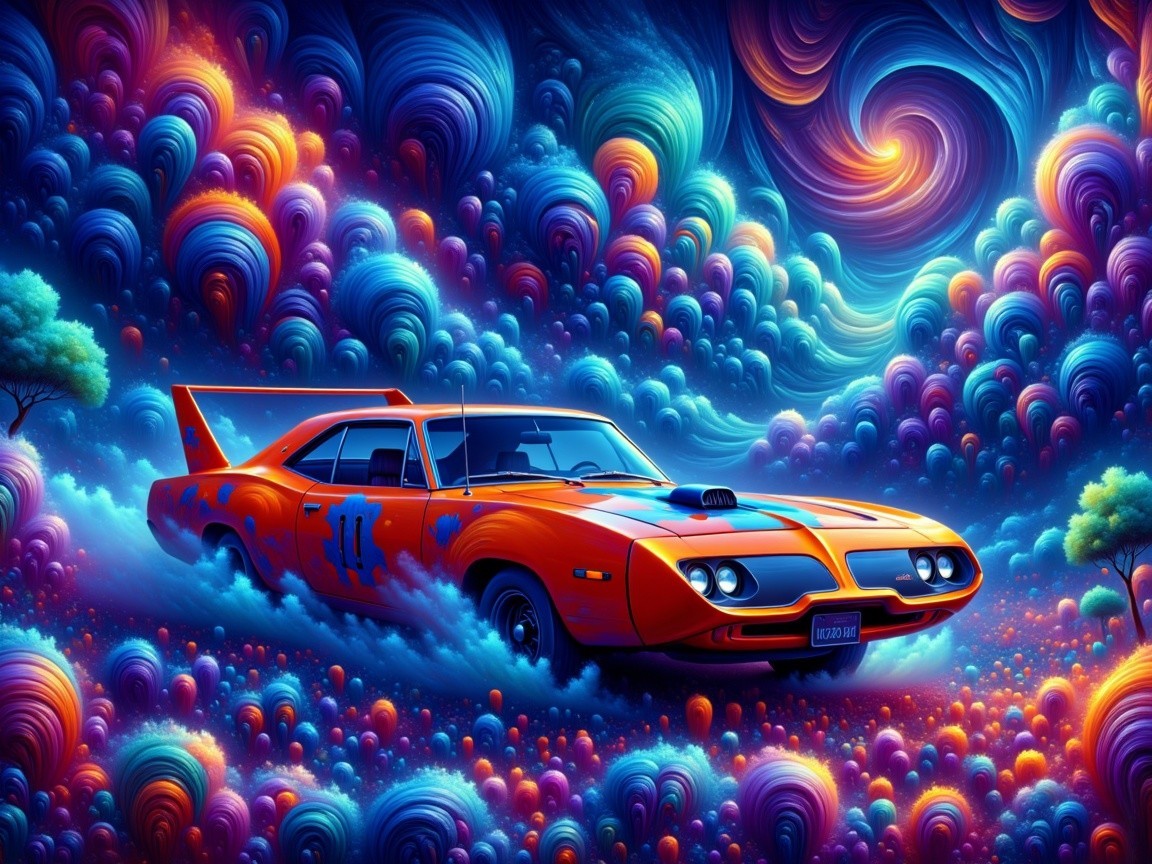 Surreal Scene of Orange Muscle Car in Dreamlike Landscape