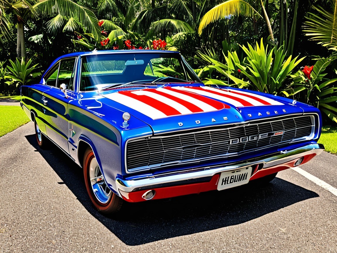 Vibrant Blue Dodge Charger with Patriotic Stripes