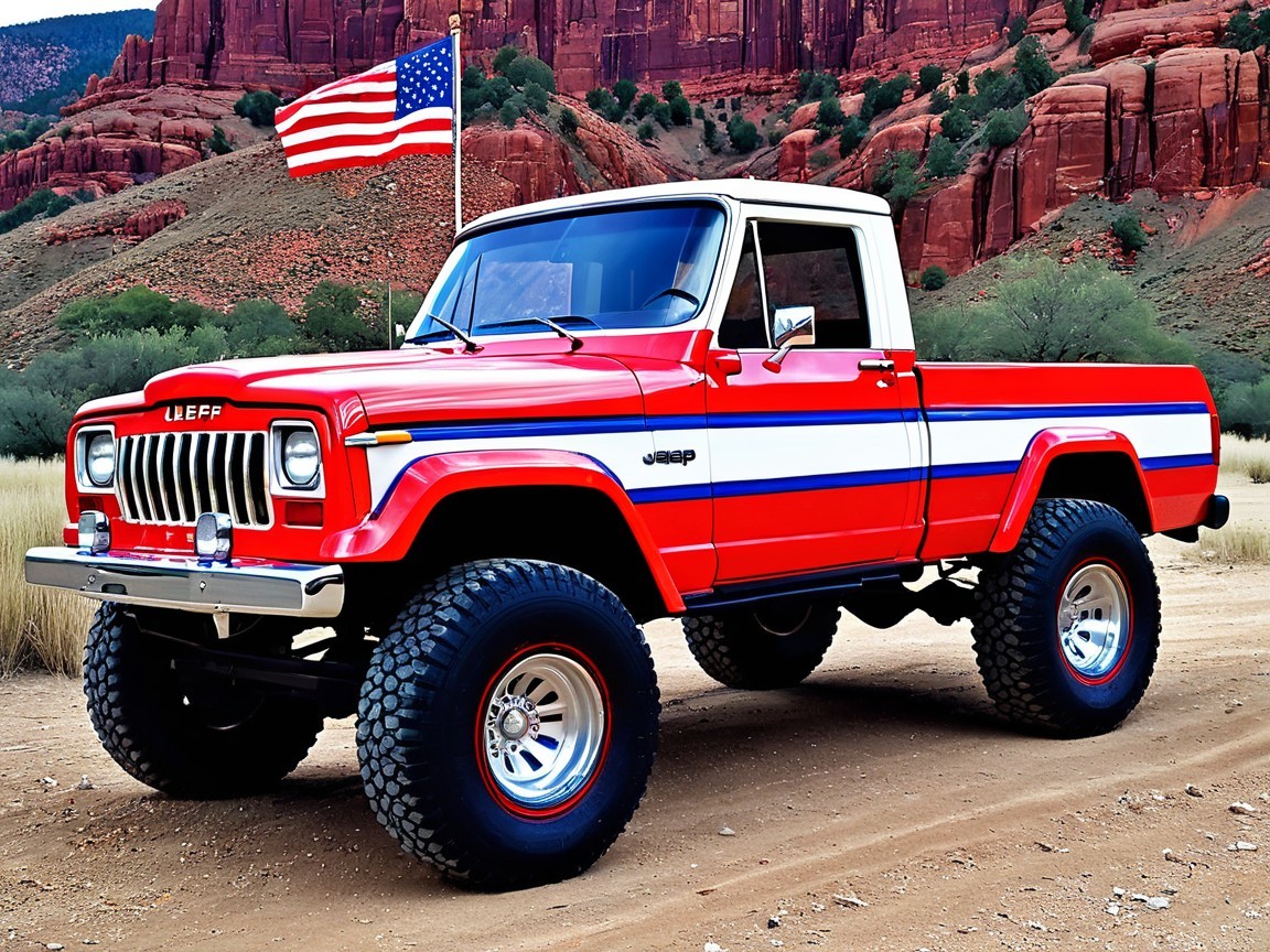 Vibrant Red Jeep Truck in Rugged Outdoor Landscape