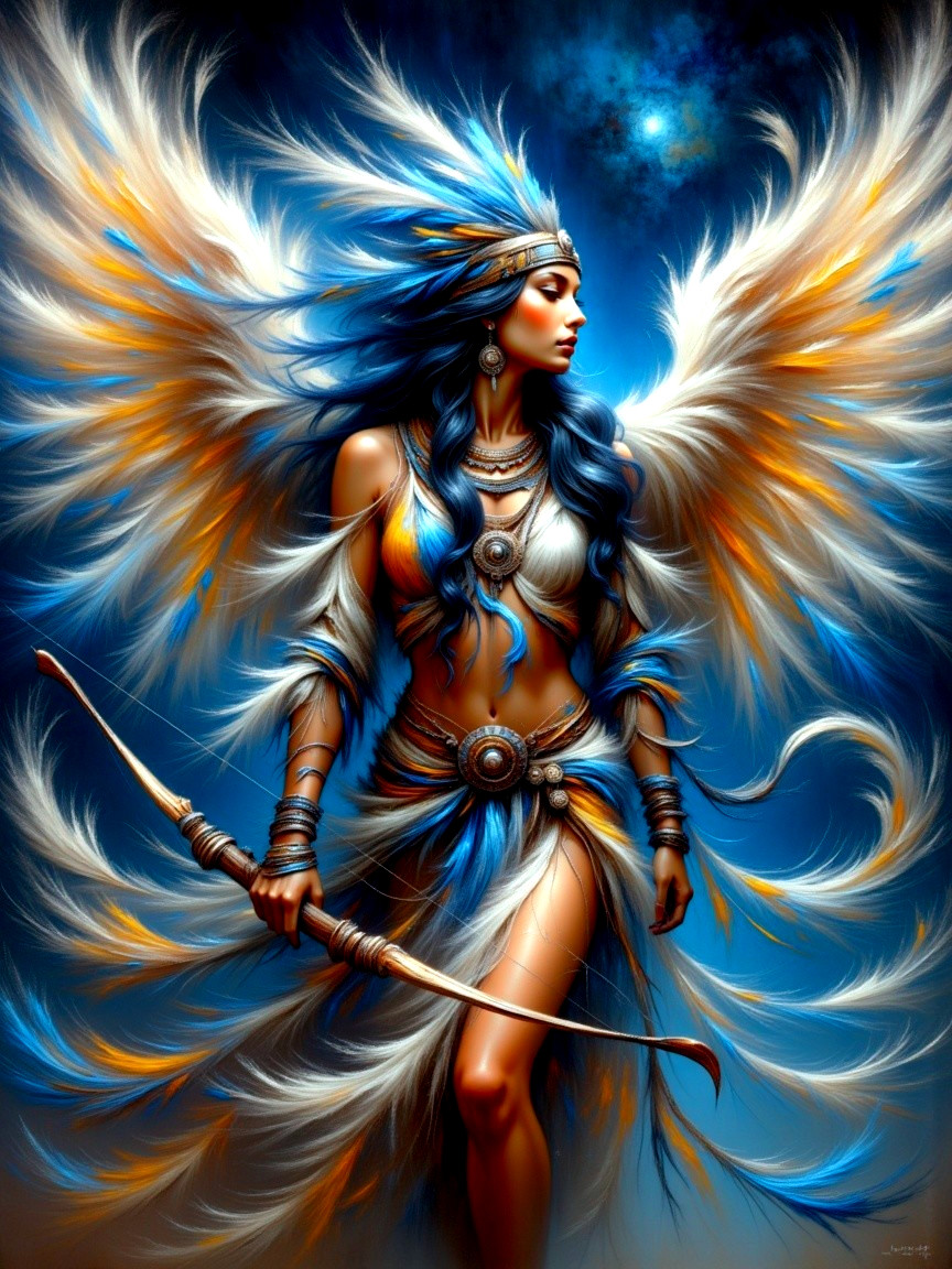 Mythical Female Warrior Goddess with Feathery Wings