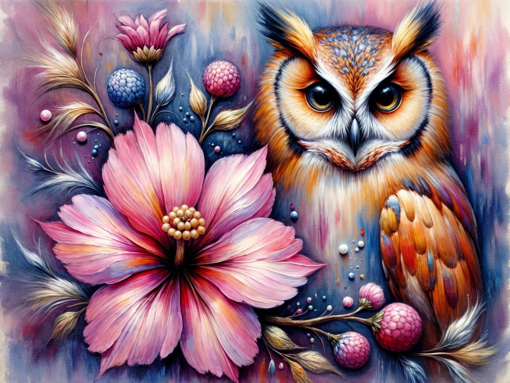 Vibrant Watercolor Owl Surrounded by Ornate Flowers