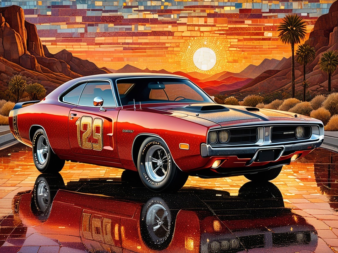 Vintage Muscle Car Against Sunset with Desert Landscape