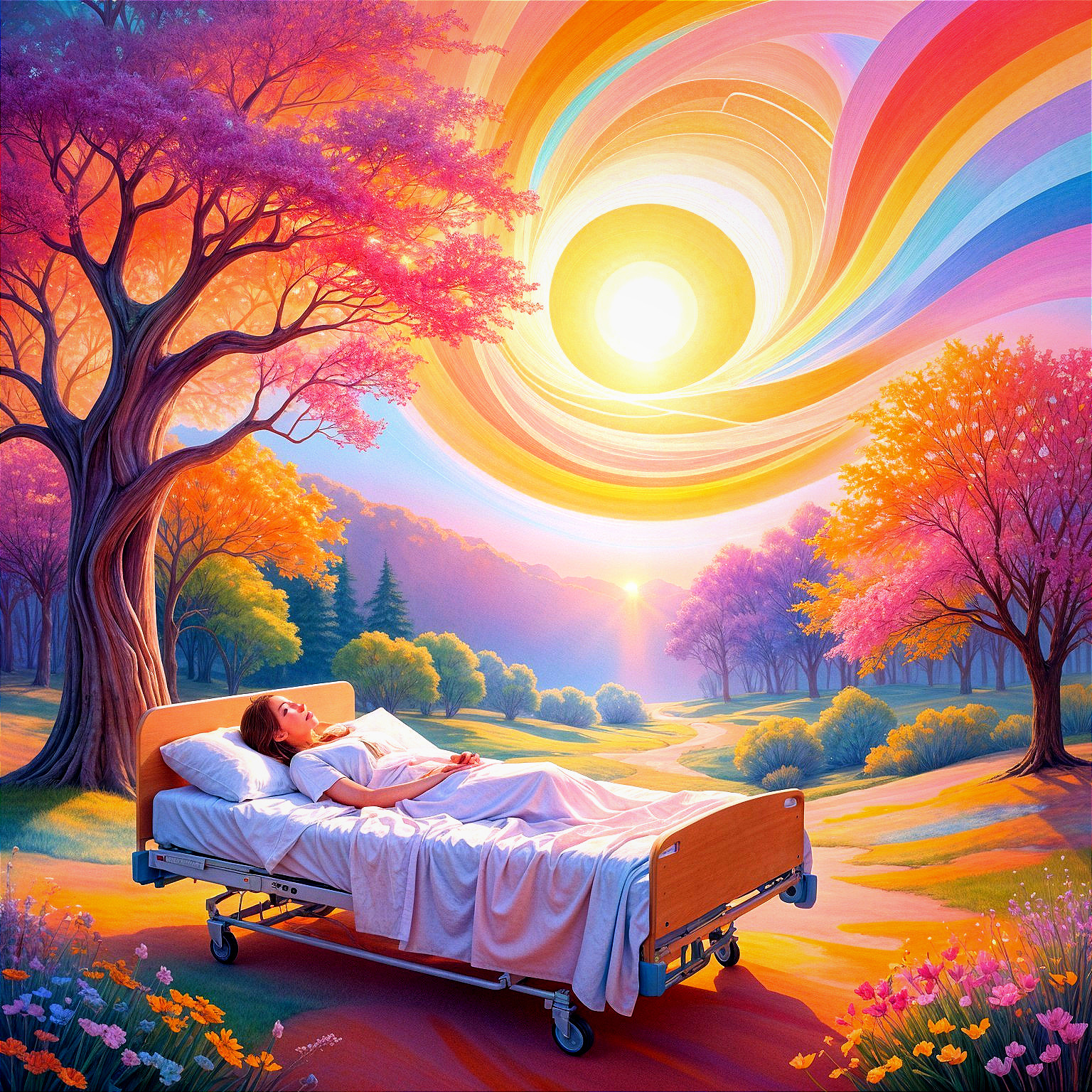 Woman in Hospital Bed Surrounded by Dreamlike Landscape