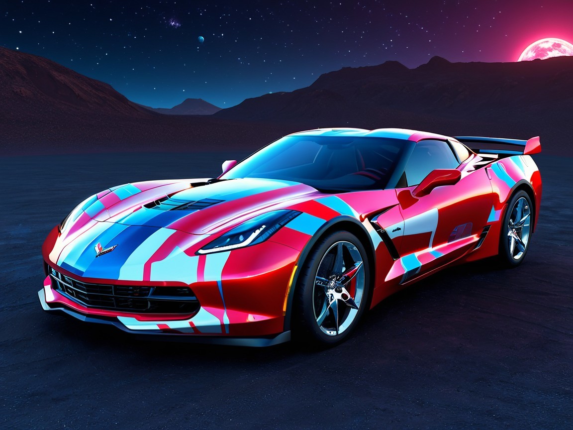 Vibrant Red Sports Car with Cosmic Backdrop