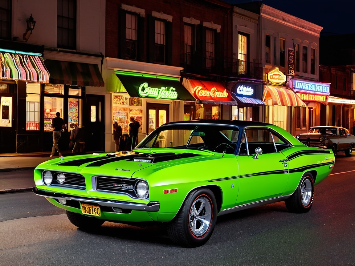 Vibrant Green Classic Muscle Car on Lively Street
