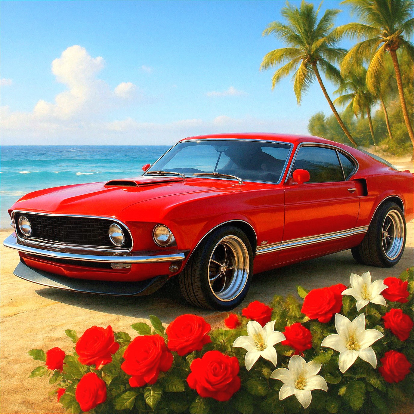 1969 Ford Mustang Mach 1 on a beach with ocean view