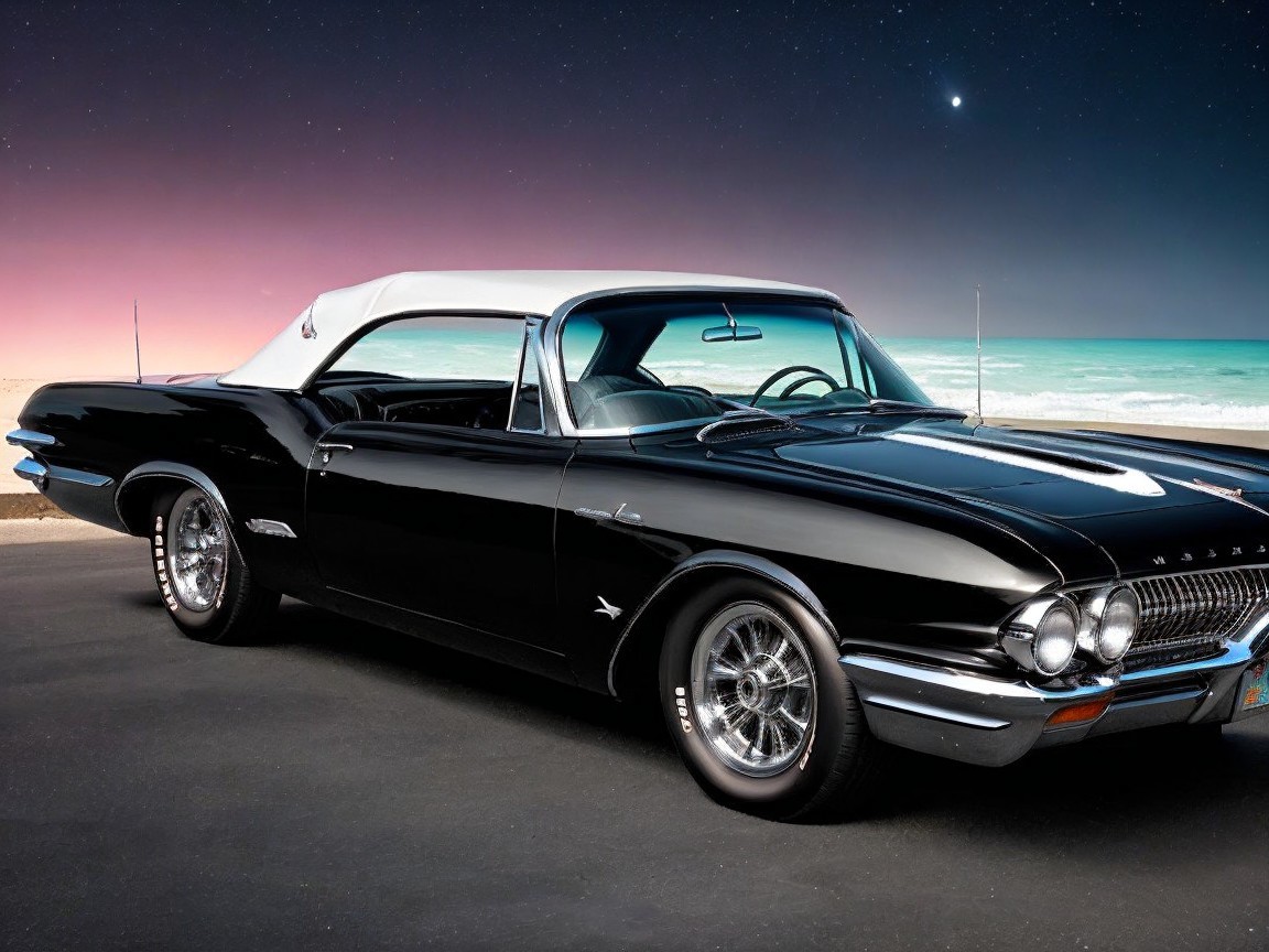 Black Convertible Car by a Scenic Beach at Sunset