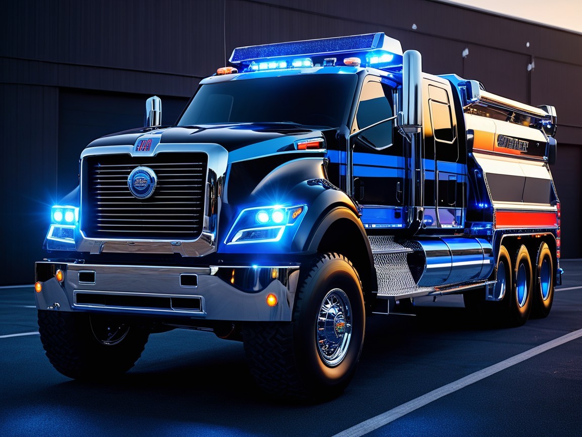 Custom Truck with Blue and Red Lights in Urban Setting
