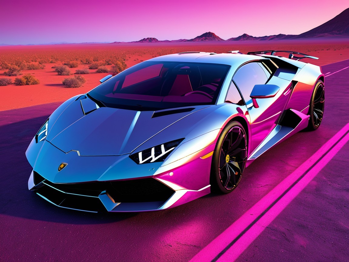 Futuristic supercar with chrome finish at sunset