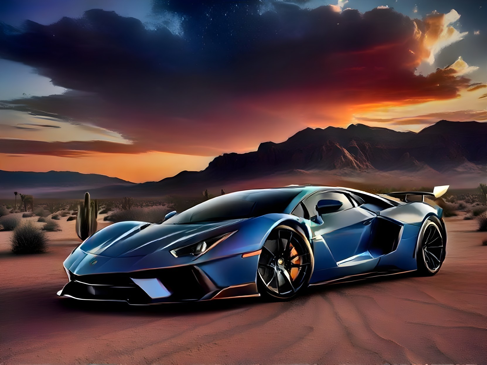 Futuristic sports car in desert at sunset scenery