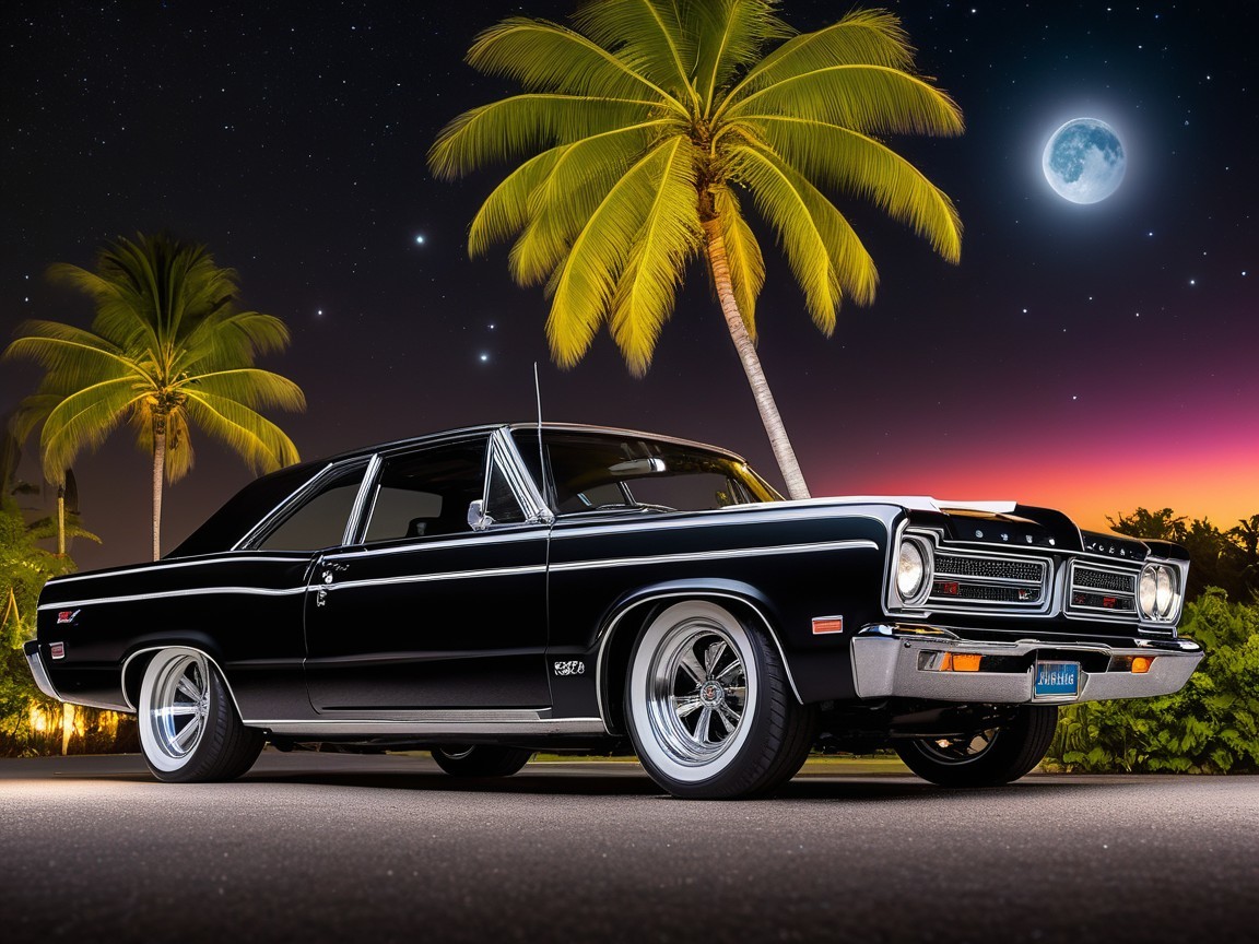 Black Muscle Car Under Starry Sky and Sunset
