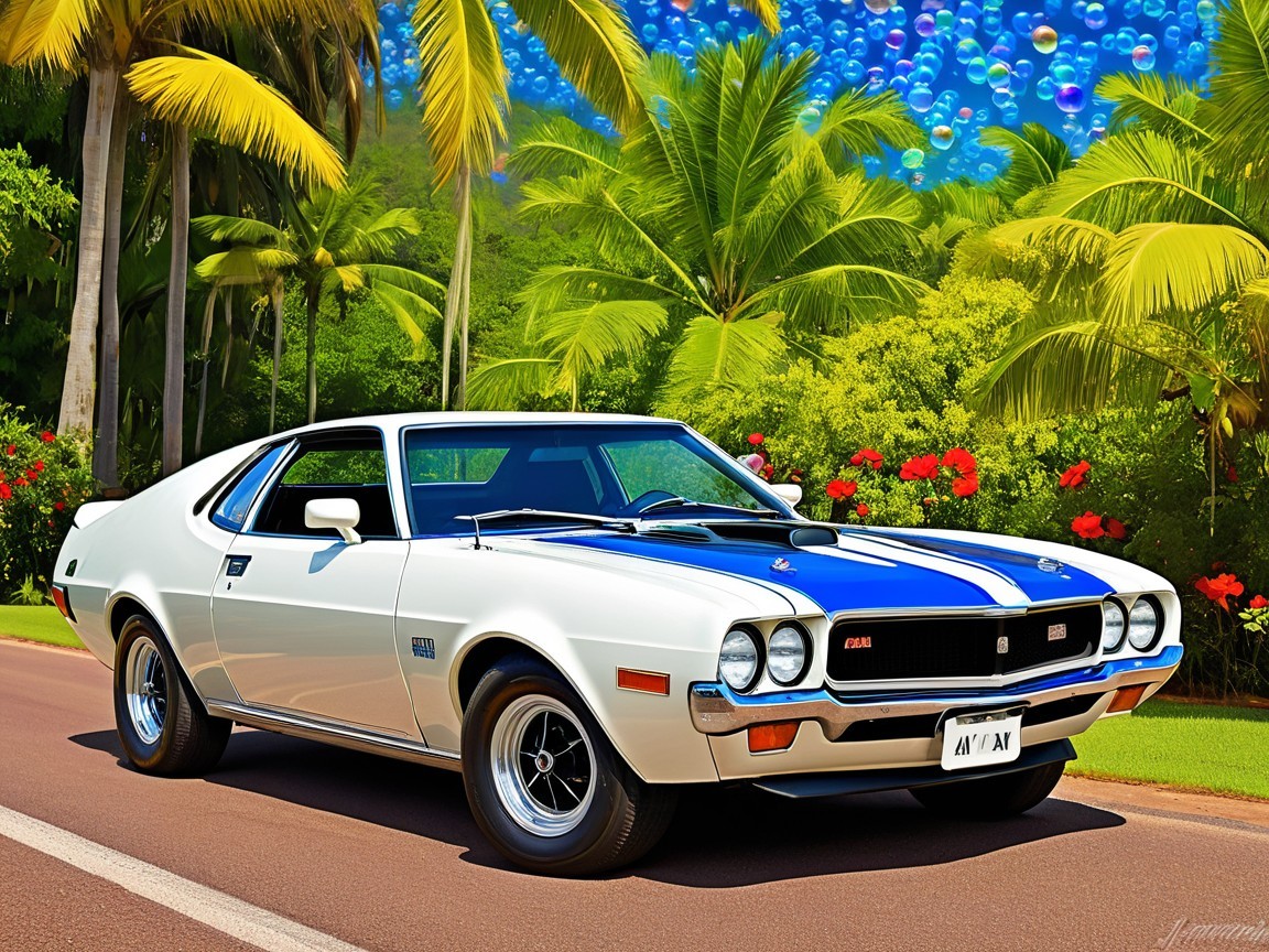 1970s Muscle Car with White Exterior and Racing Stripes