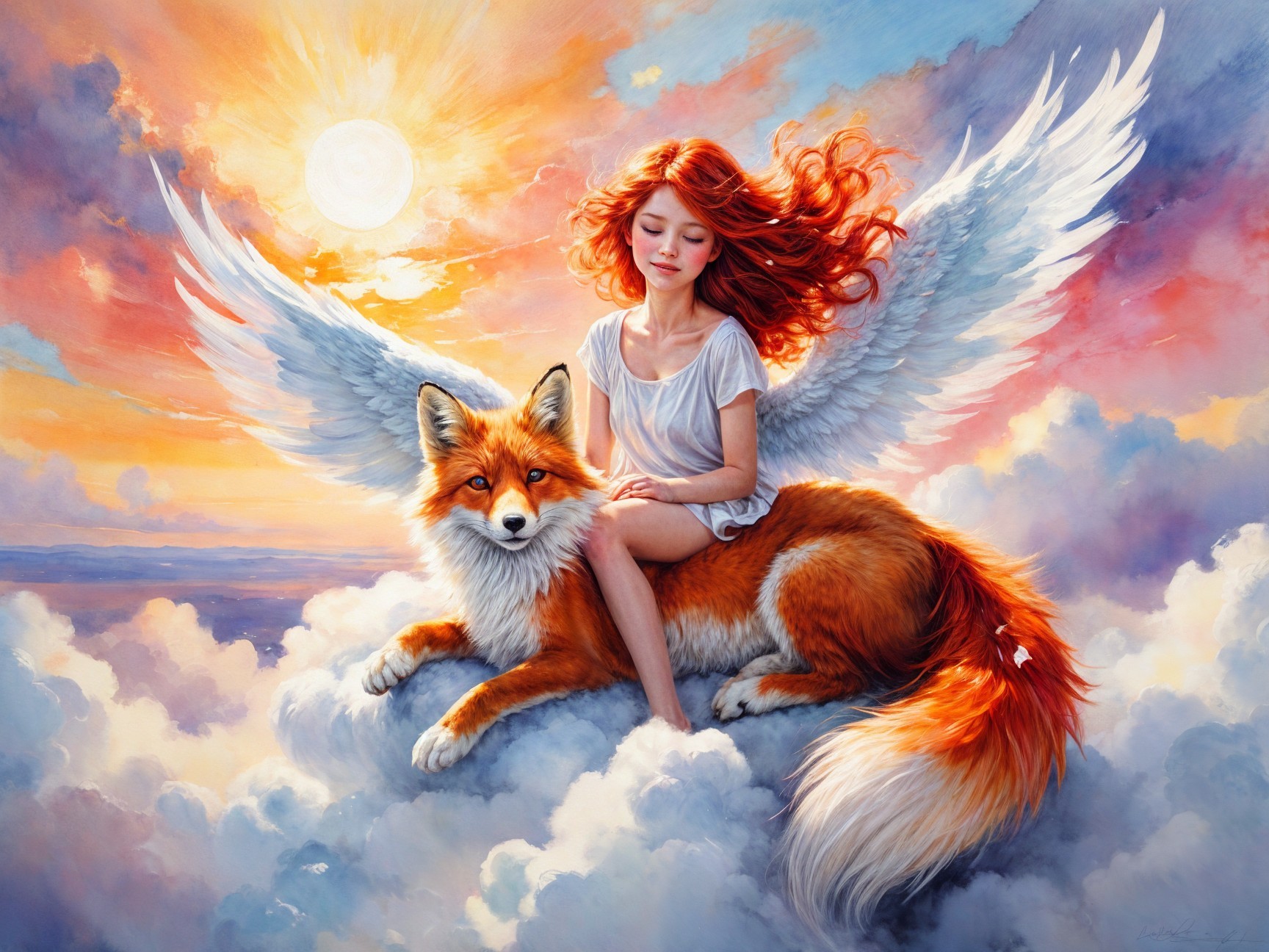 Whimsical Girl on Winged Fox in Sunset Sky