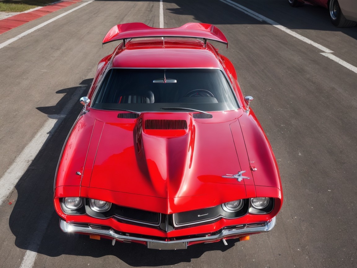 Vibrant Red Muscle Car on Racetrack with Sleek Design
