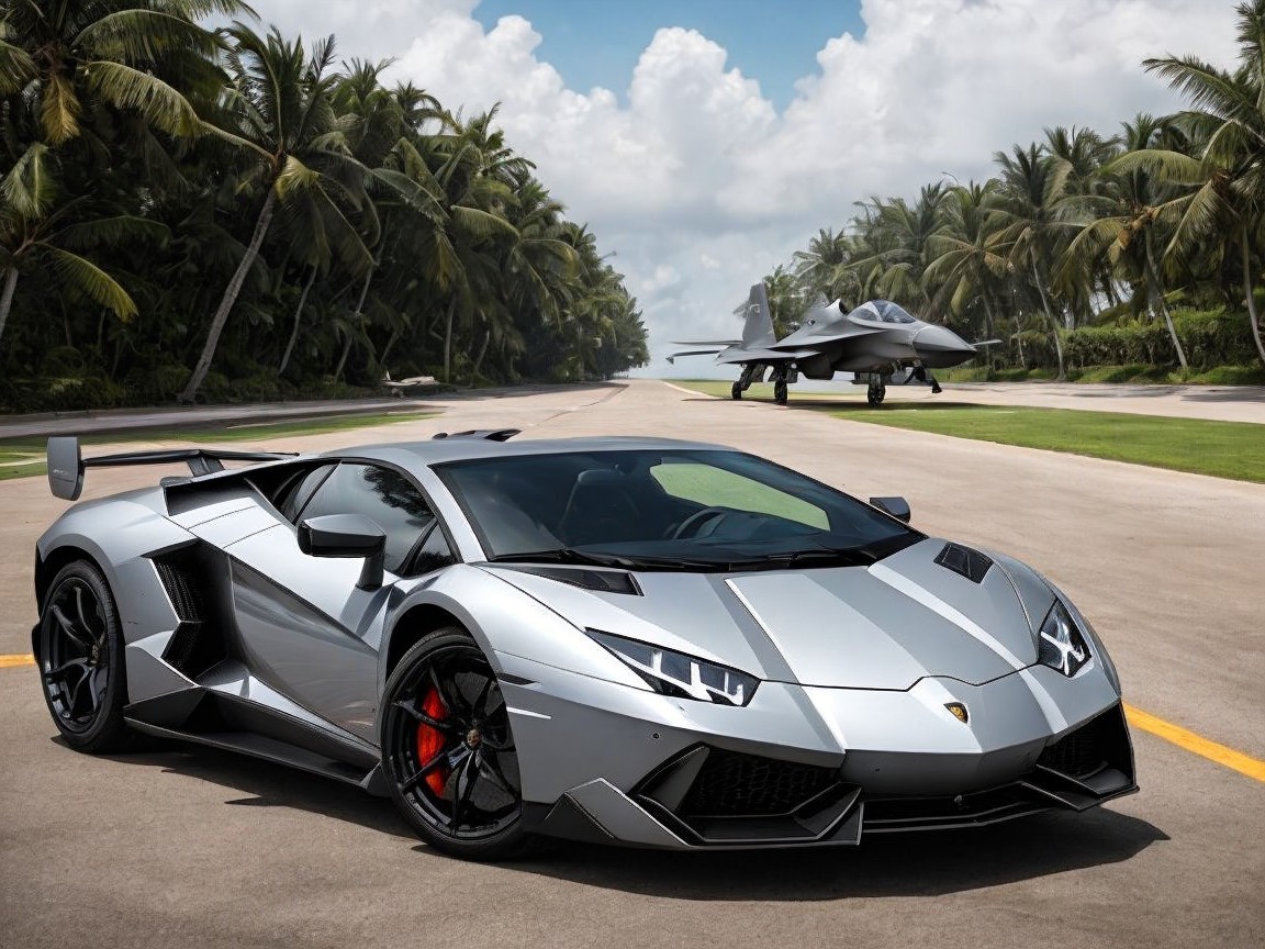 Sleek Silver Lamborghini on Palm-Lined Runway