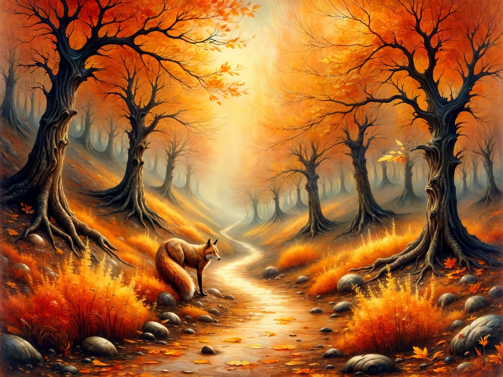 Tranquil Autumn Landscape with Pathway and Fox
