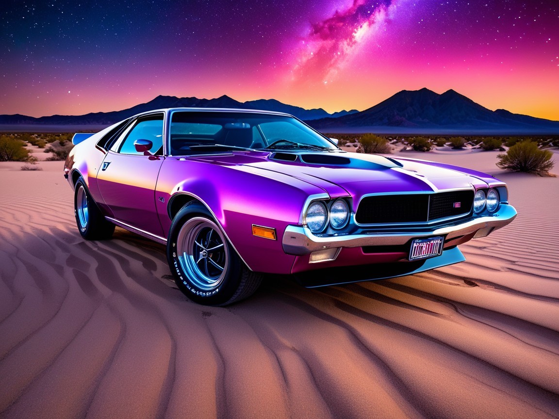 Vibrant Purple Classic Car in Desert at Sunset