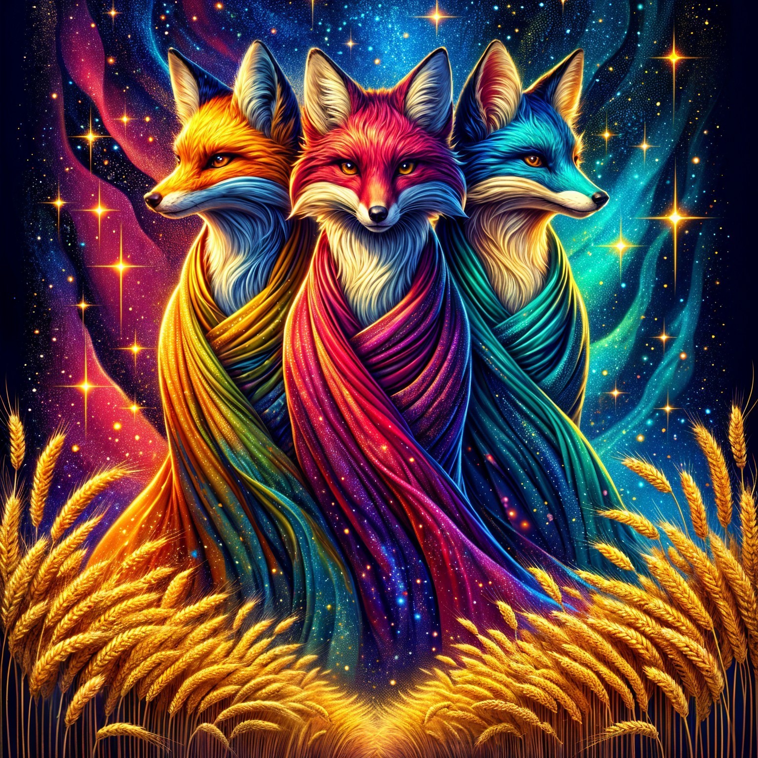 Stylized foxes in vibrant robes against a cosmic backdrop
