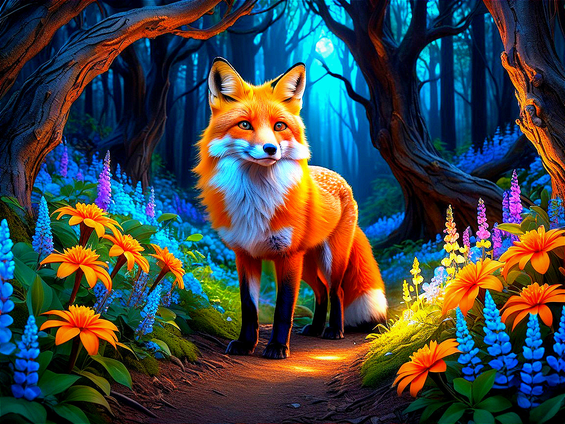 Orange Fox on a Winding Path in a Vibrant Forest