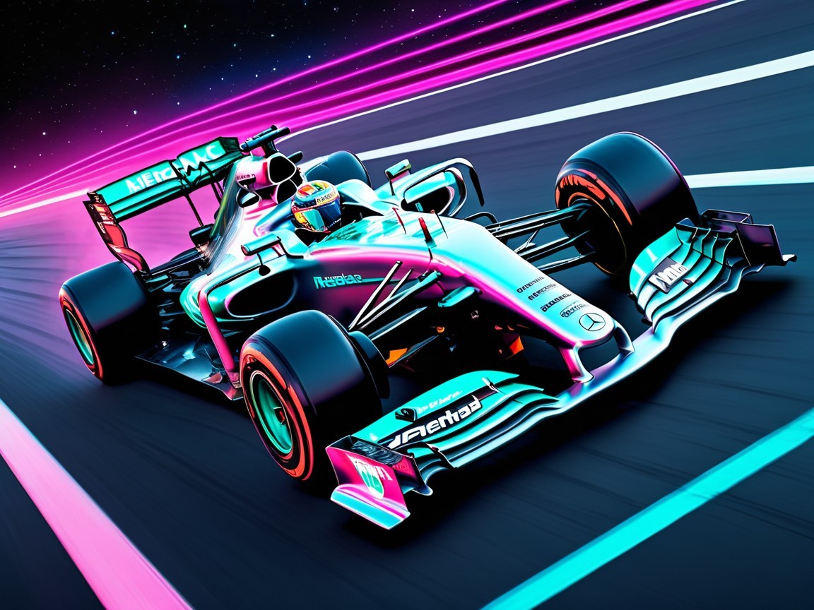 Formula 1 Car Racing on Neon-Lit Futuristic Track
