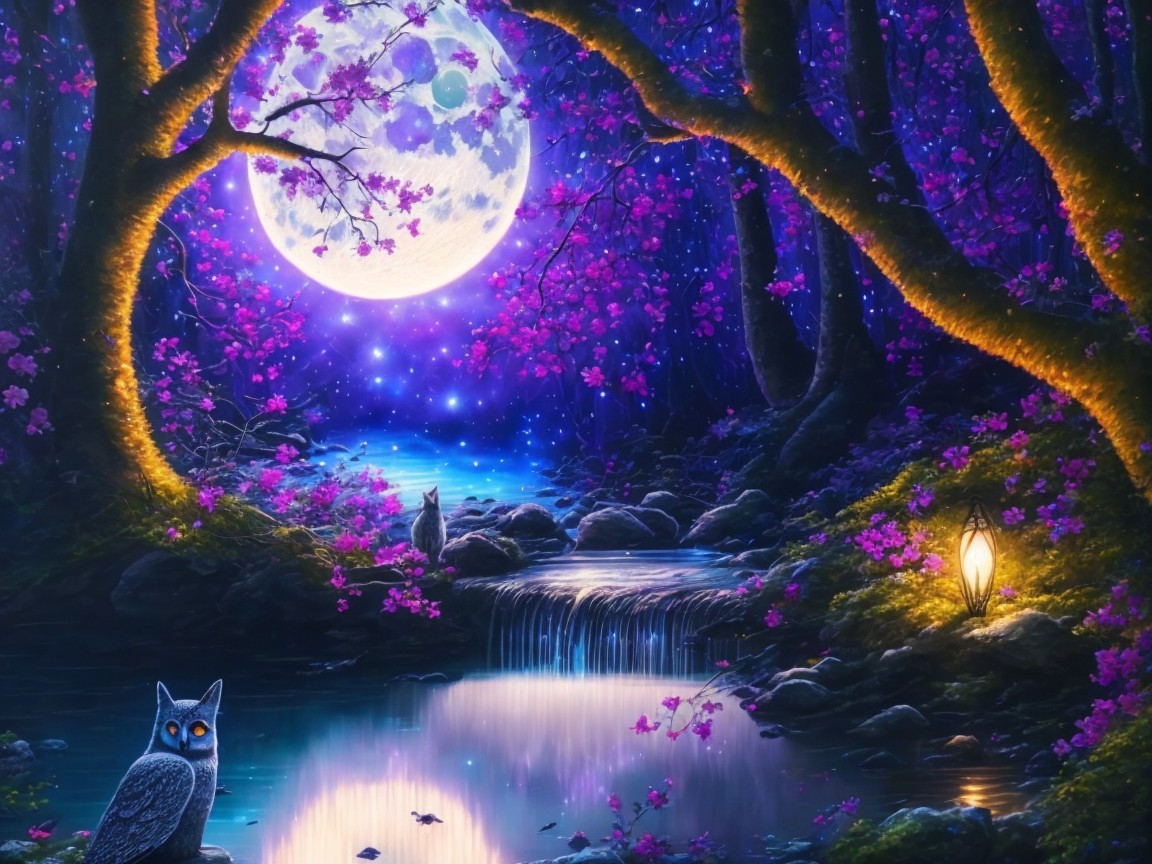 Mystical Moonlit Landscape with Vibrant Flora and Owl