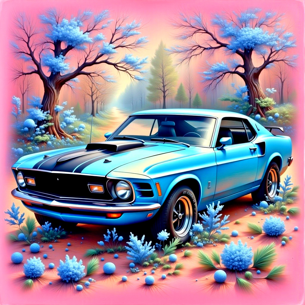 Vintage Blue Muscle Car in Whimsical Landscape