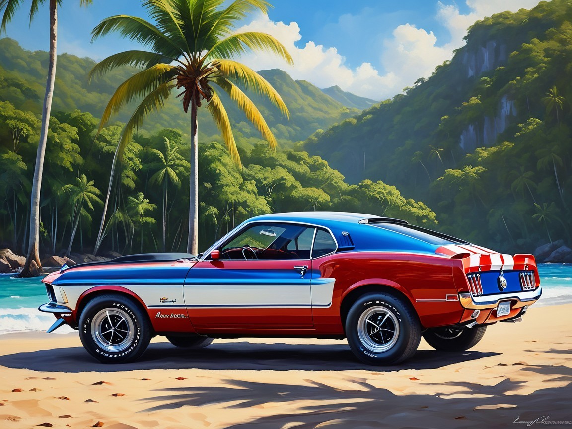 Classic Car on Sandy Beach with Tropical Landscape