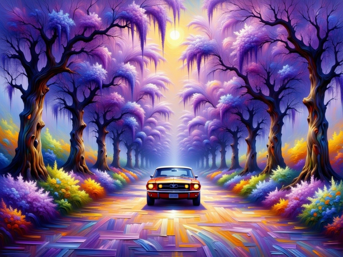 Surreal Landscape with Vibrant Trees and Classic Car