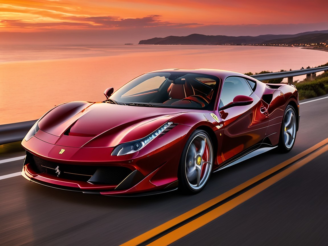 Ferrari 488 GTB on Coastal Road at Sunset