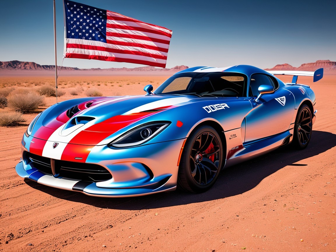 Modified Sports Car with American Flag in Desert