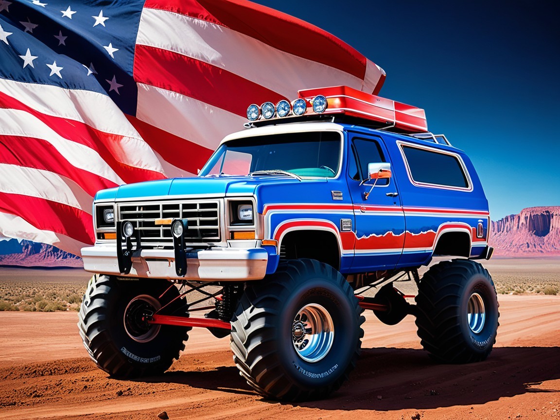 Vintage Monster Truck with American Flag Backdrop
