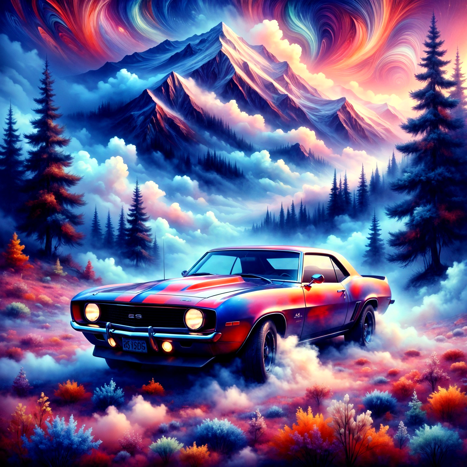 Vibrant Landscape with Classic Muscle Car and Mountains