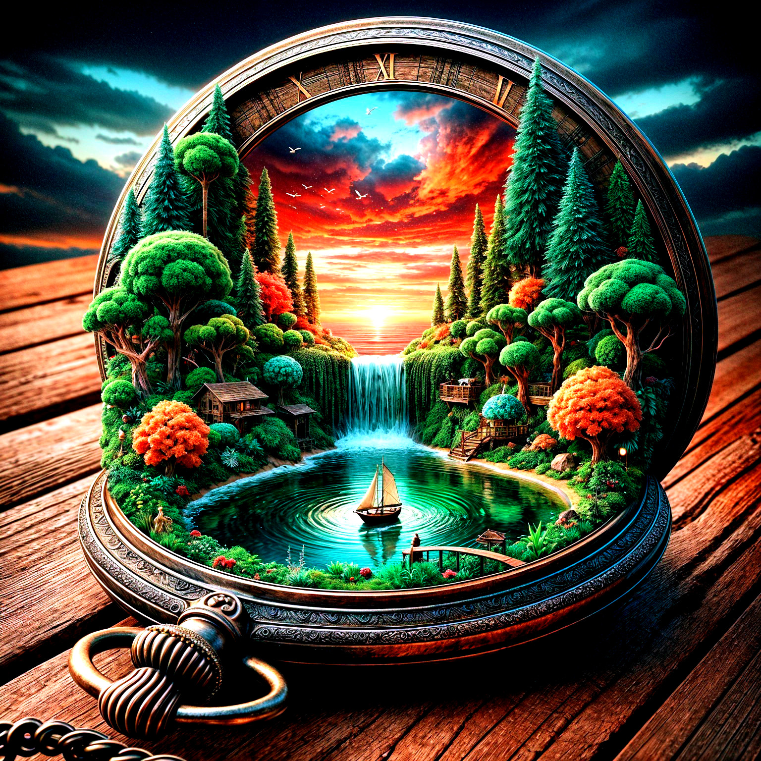 Ornate Pocket Watch with Serene Lake Landscape