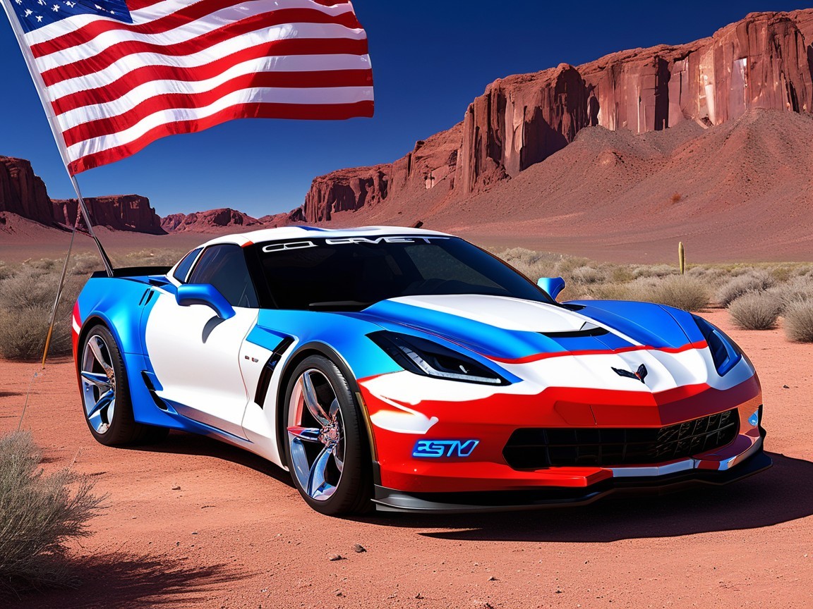 Vibrant Sports Car in Desert with American Flag