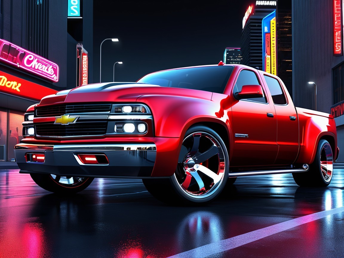 Red Chevrolet Pickup Truck in Urban Night Scene
