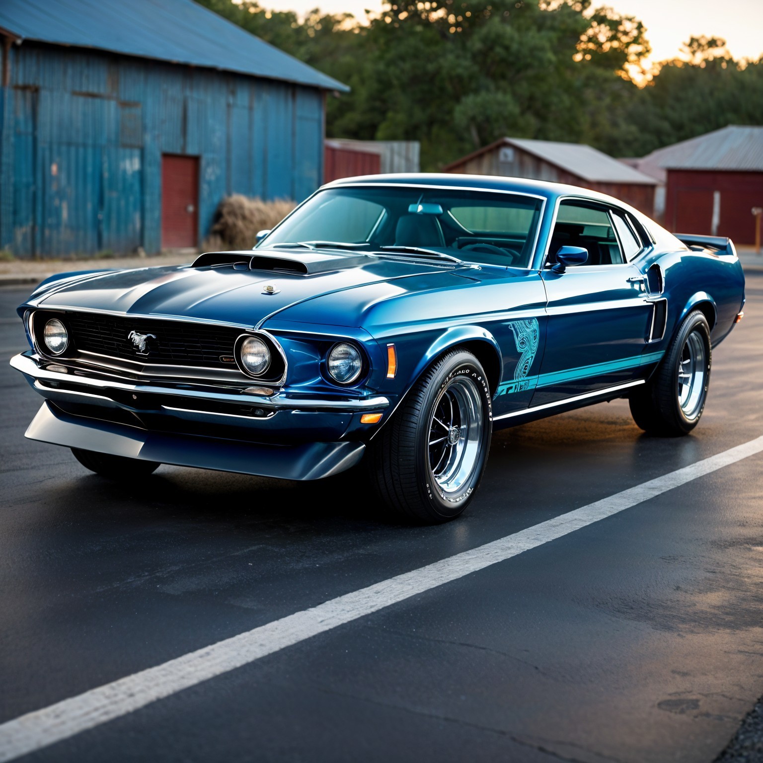 Classic 1970 Ford Mustang with Blue Exterior and Barn
