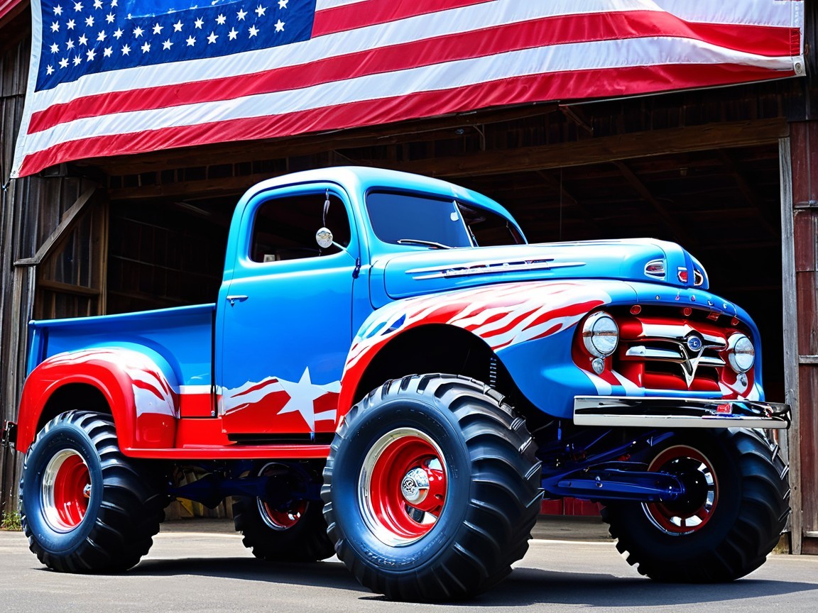 Custom Vintage Pickup Truck with American Flag Backdrop