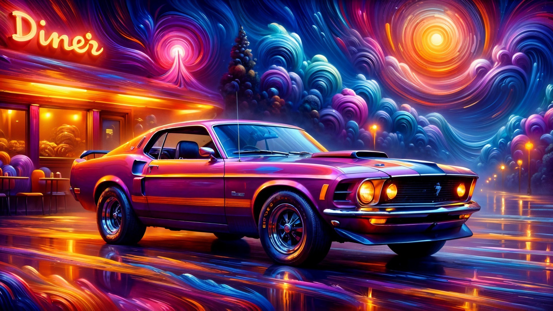 Psychedelic Scene with 1960s Muscle Car and Diner