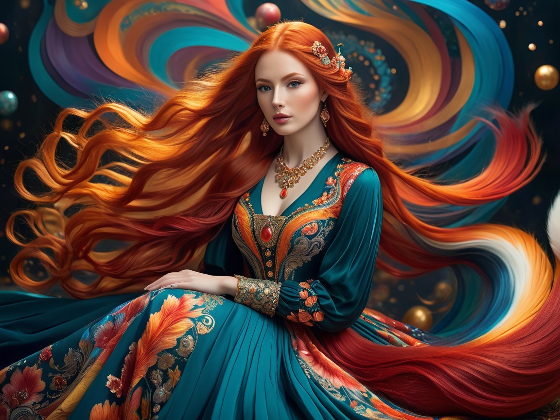 Portrait of a woman with red hair in a teal gown