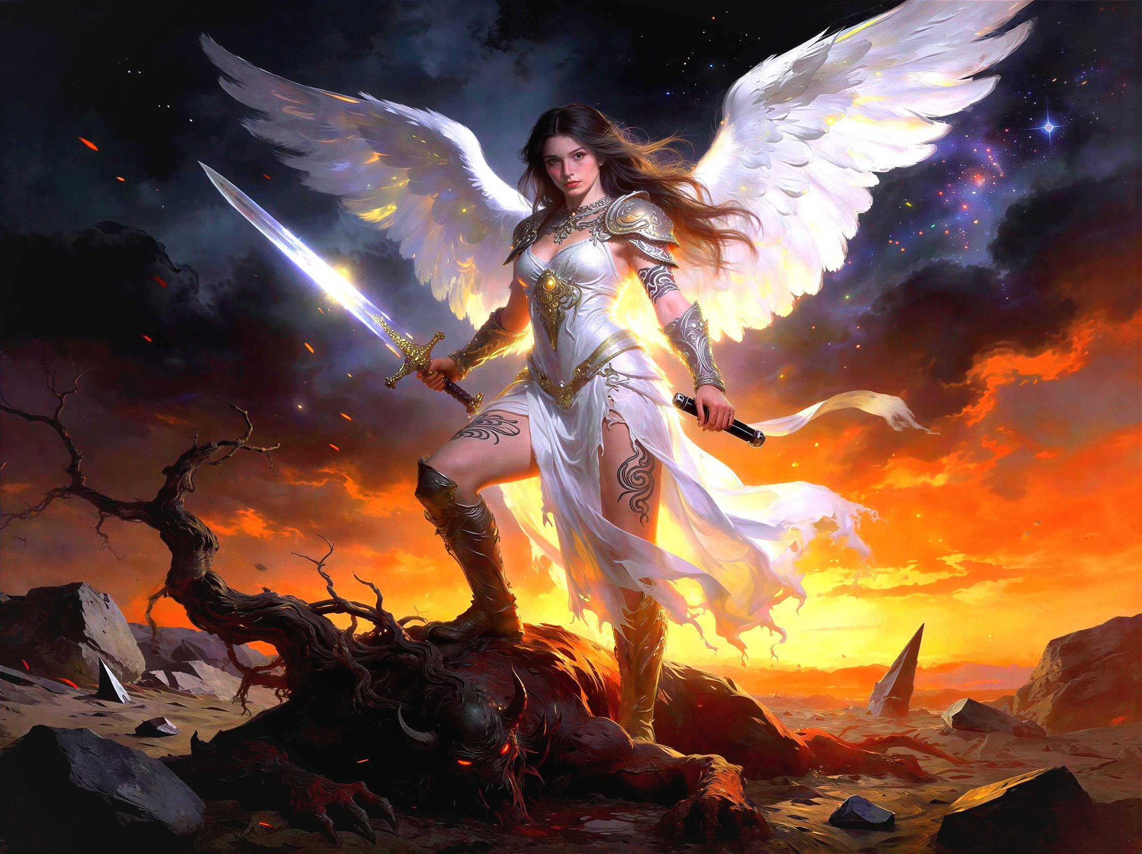 Armored Angel Defeats Demon in Cosmic Sunset Scene
