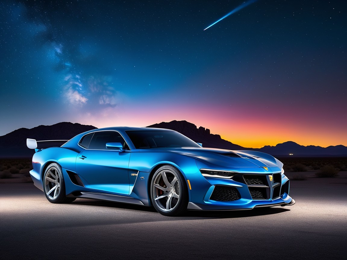 Blue Sports Car Against Vibrant Sunset Landscape