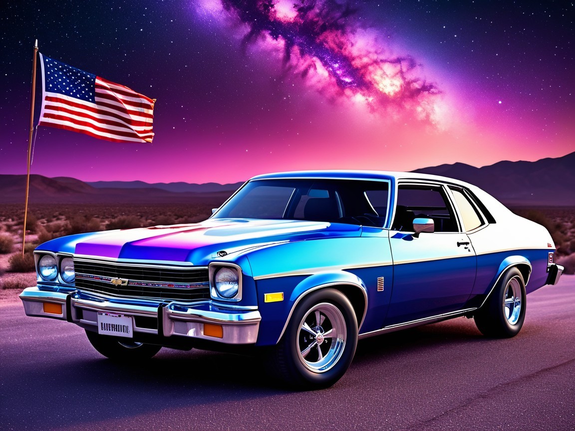 Vintage Chevy Nova on Desert Road with Cosmic Sky