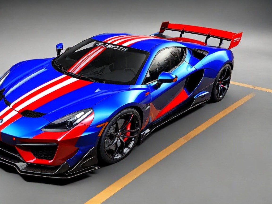 Vibrant Blue and Red Sports Car with Racing Stripes