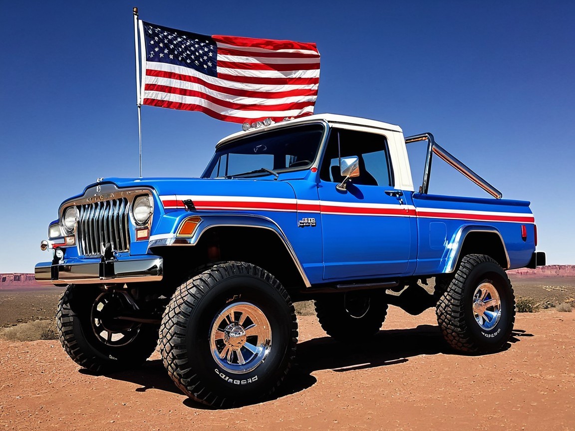Blue Vintage Truck in Desert with American Flag