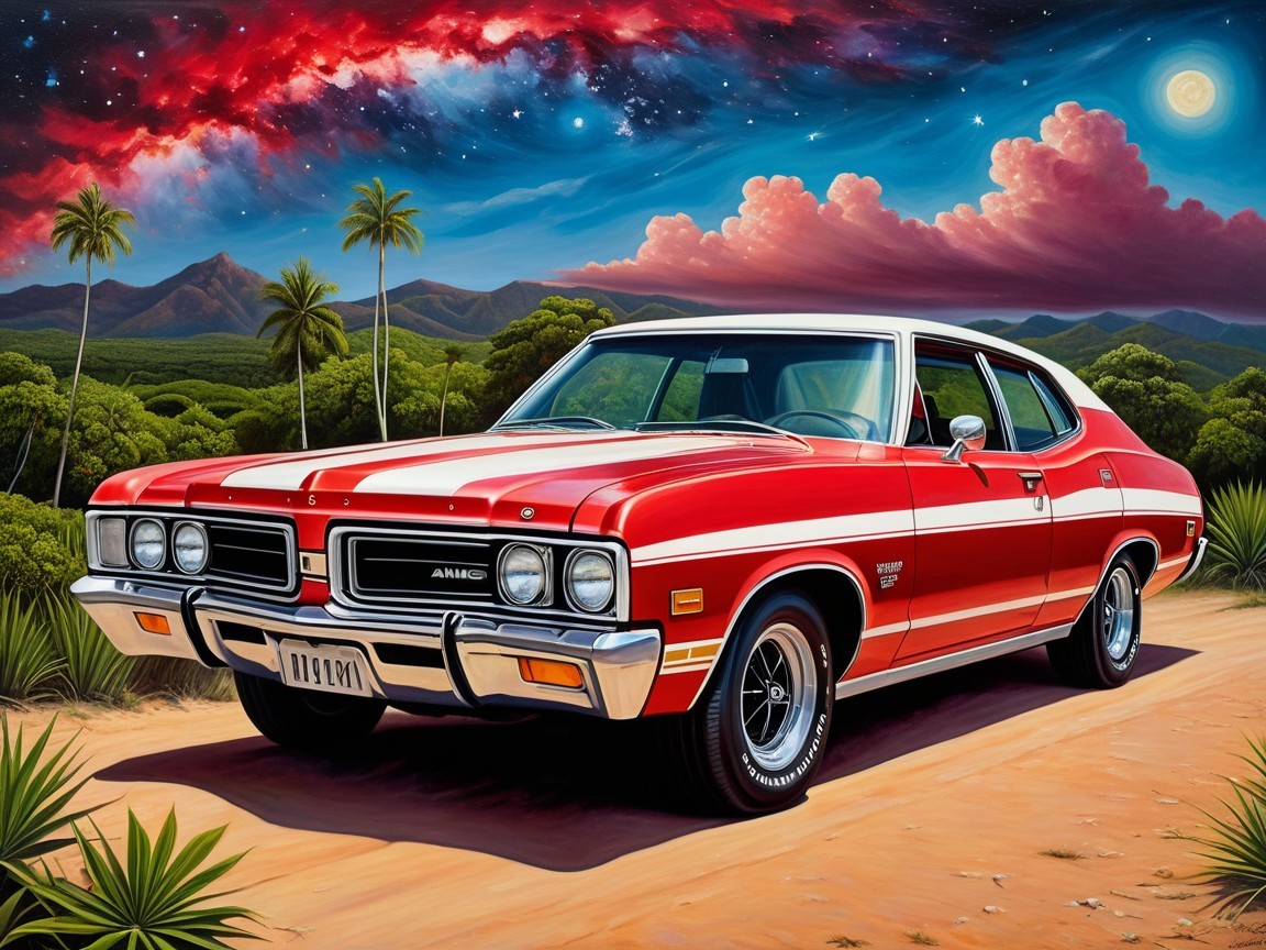 Vibrant Red Classic Car in Tropical Landscape