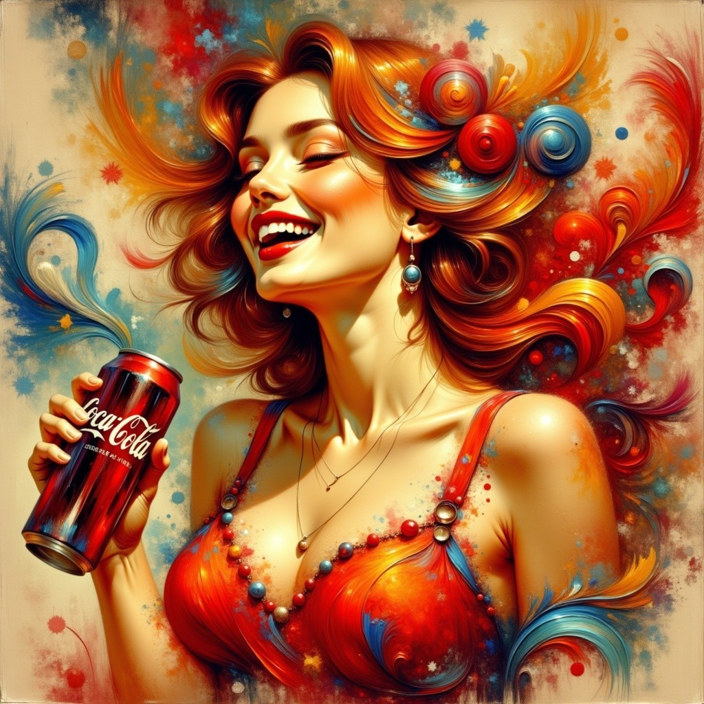 Vibrant Illustration of a Joyful Woman with Coca-Cola