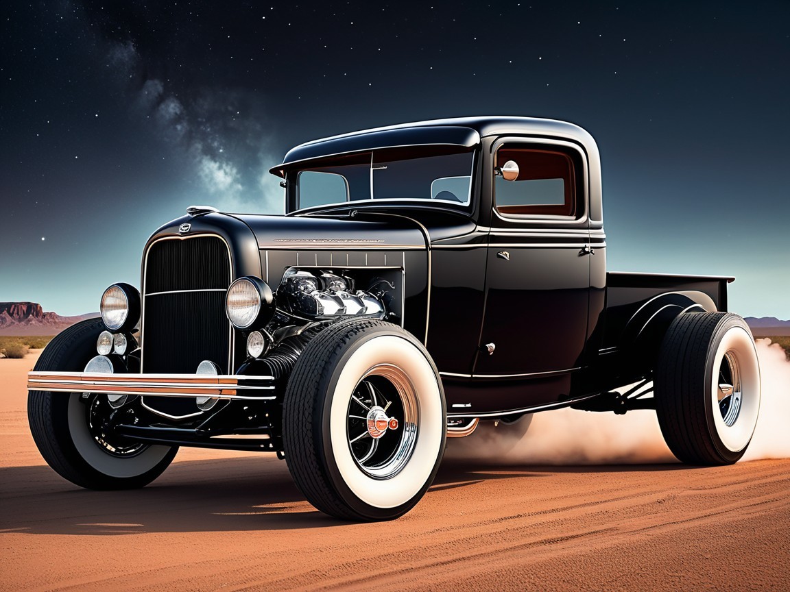 Classic Black Pickup Truck in Desert Landscape